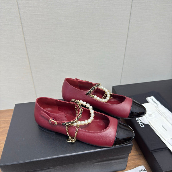 Chanel 25 Mary Jane Ankle Chain Ballet Flat Burgundy black Cowhide 465596