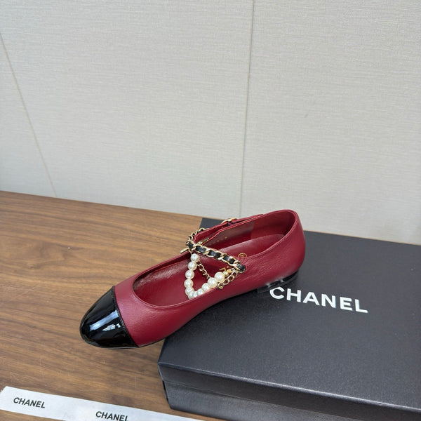 Chanel 25 Mary Jane Ankle Chain Ballet Flat Burgundy black Cowhide 465596