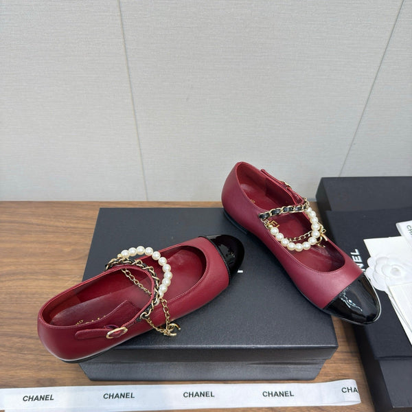 Chanel 25 Mary Jane Ankle Chain Ballet Flat Burgundy black Cowhide 465596