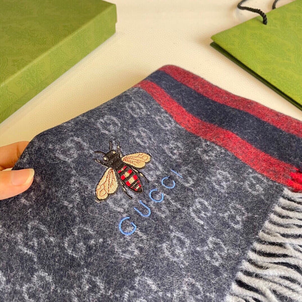 SCIARPA A RIGHE 200 CM IN CASHMERE GRIGIO SCURO CON APE RICAMATA 398533