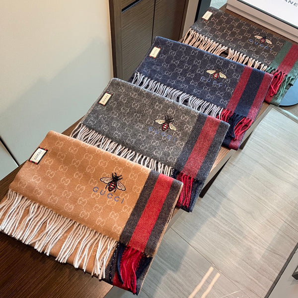 SCIARPA A RIGHE 200 CM IN CASHMERE GRIGIO SCURO CON APE RICAMATA 398533