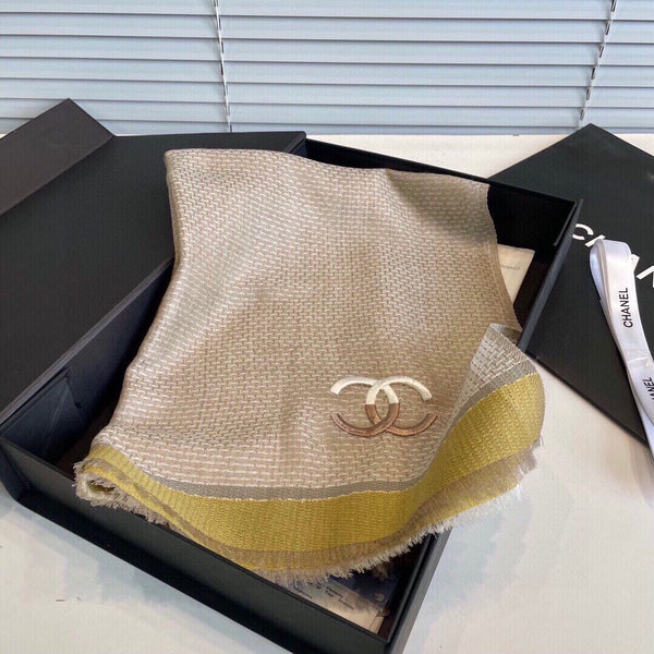 Sciarpa CC 200 cm in misto cashmere marrone chiaro giallo bianco avorio 413836