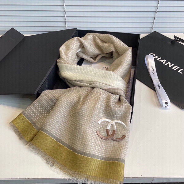 Sciarpa CC 200 cm in misto cashmere marrone chiaro giallo bianco avorio 413836