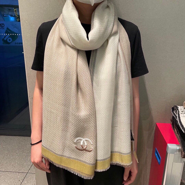 Sciarpa CC 200 cm in misto cashmere marrone chiaro giallo bianco avorio 413836