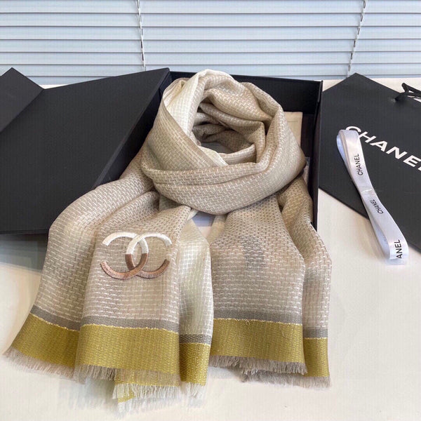 Sciarpa CC 200 cm in misto cashmere marrone chiaro giallo bianco avorio 413836