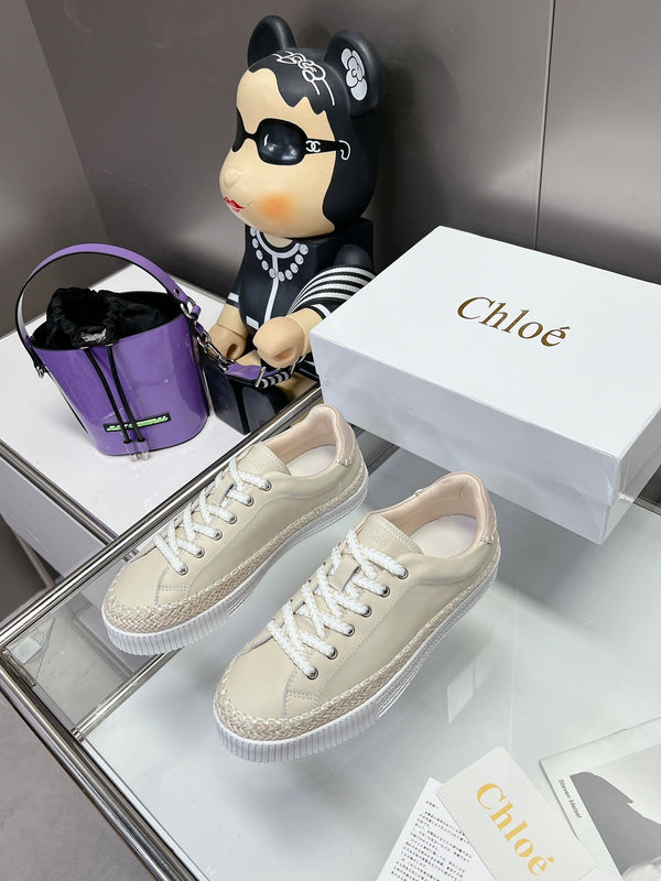 CHLOÉ TELMA LACE-UP SNEAKER IN CREAM BEIGE LAMBSKIN AND RAFFIA