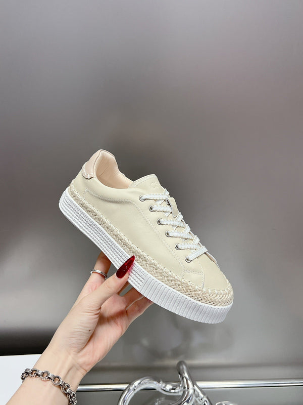 CHLOÉ TELMA LACE-UP SNEAKER IN CREAM BEIGE LAMBSKIN AND RAFFIA