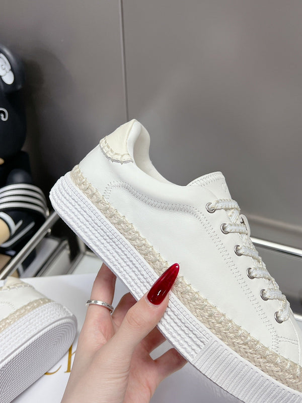 CHLOÉ TELMA LACE-UP SNEAKER IN WHITE LAMBSKIN AND RAFFIA