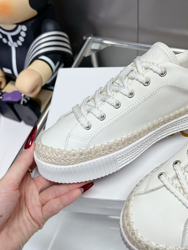 CHLOÉ TELMA LACE-UP SNEAKER IN WHITE LAMBSKIN AND RAFFIA