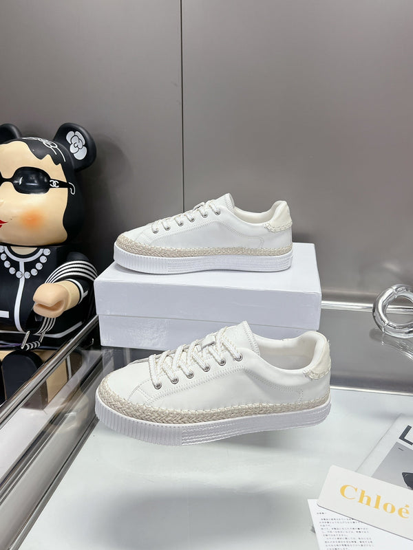 CHLOÉ TELMA LACE-UP SNEAKER IN WHITE LAMBSKIN AND RAFFIA