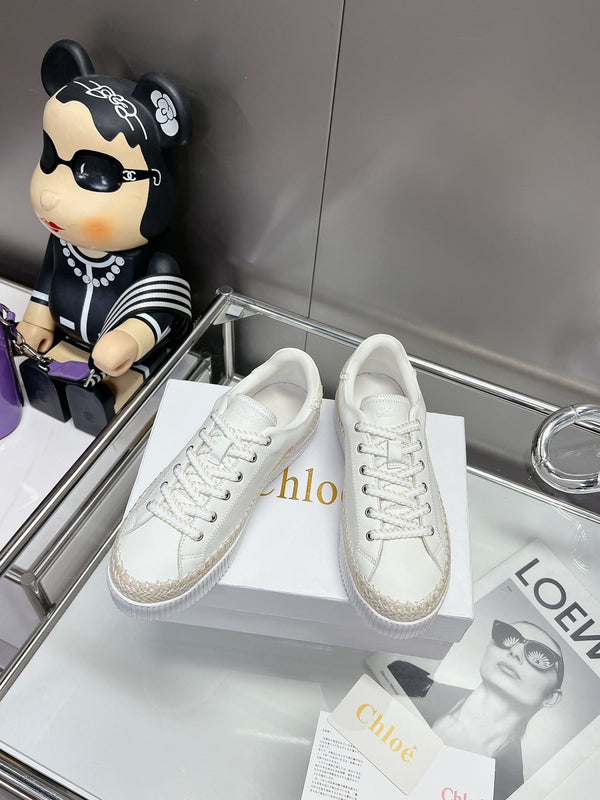 CHLOÉ TELMA LACE-UP SNEAKER IN WHITE LAMBSKIN AND RAFFIA