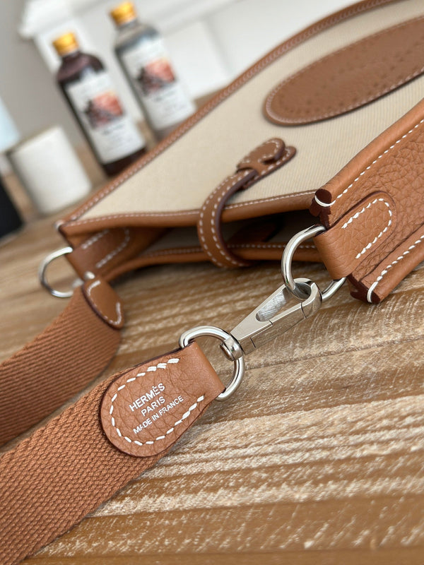 MINI NEO 17 EVELYNE BAG IN BEIGE CANVAS AND BRONZE BROWN CALFSKIN