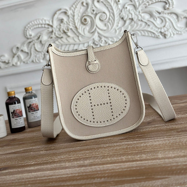 MINI NEO 17 EVELYNE BAG IN OYSTER TAN CANVAS AND WHITE CALFSKIN