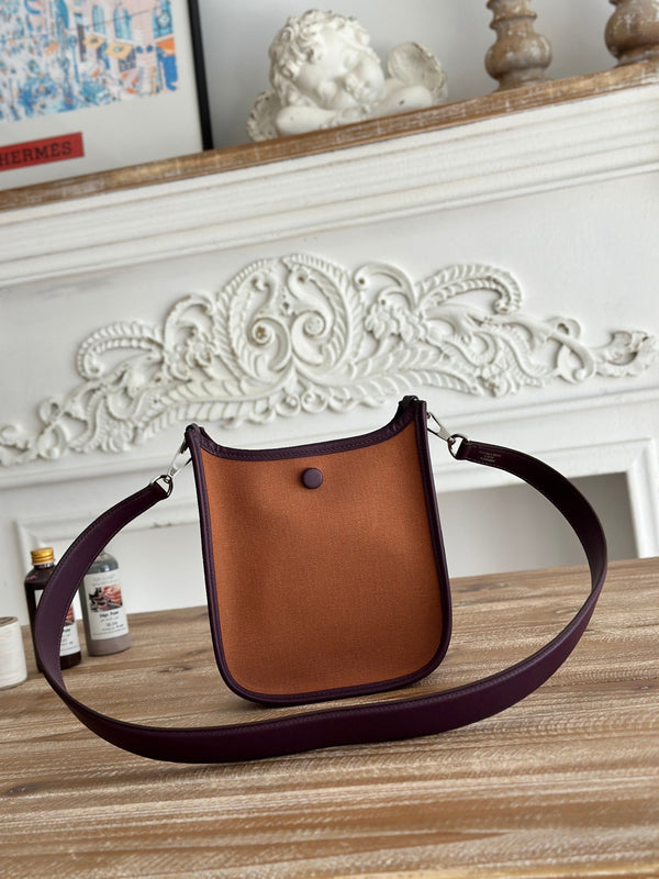 MINI NEO 17 EVELYNE BAG IN BRONZE BROWN CANVAS AND PLUM PURPLE CALFSKIN