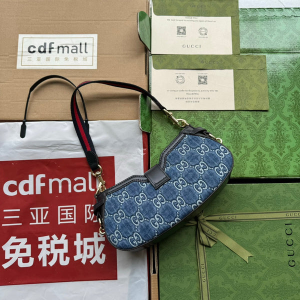 BORSA A TRACOLLA MOON SIDE 24 IN DENIM GOFFRATO BLU E BORDI IN PELLE DI VITELLO NERA, FERRAMENTA ORO