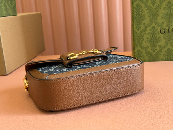 Borsa Gucci Horsebit in pelle blu mista marrone e tela 244253