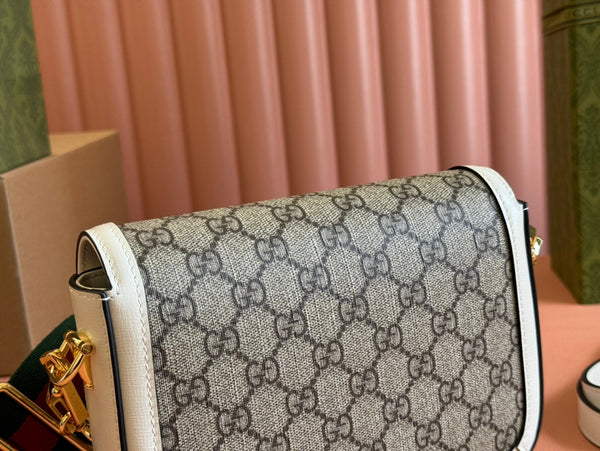 Borsa Gucci Horsebit in misto ebano, pelle bianca e tela 244256