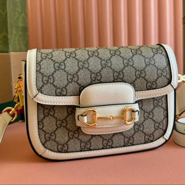 Borsa Gucci Horsebit in misto ebano, pelle bianca e tela 244256