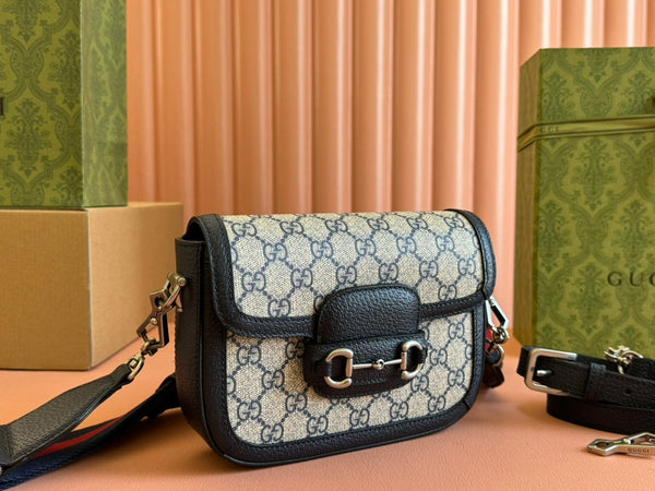 Borsa Gucci Horsebit in pelle nera blu ebano e tela 244258