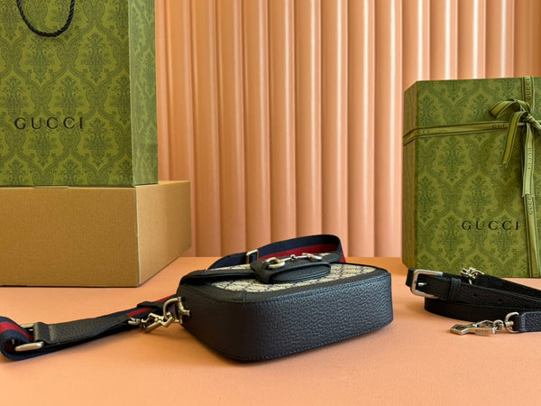 Borsa Gucci Horsebit in pelle nera blu ebano e tela 244258