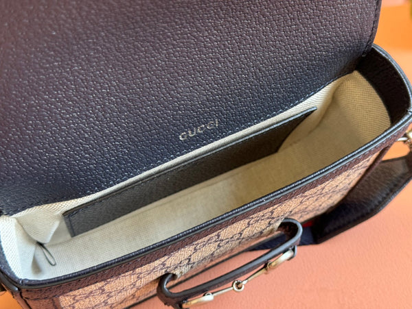 Borsa Gucci Horsebit in pelle nera blu ebano e tela 244258