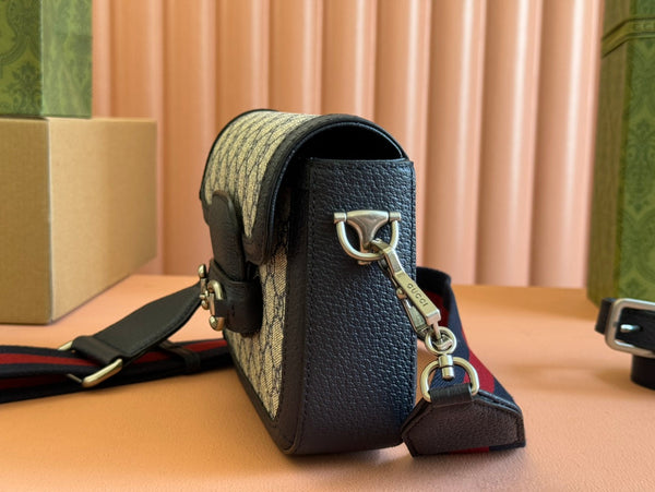 Borsa Gucci Horsebit in pelle nera blu ebano e tela 244258