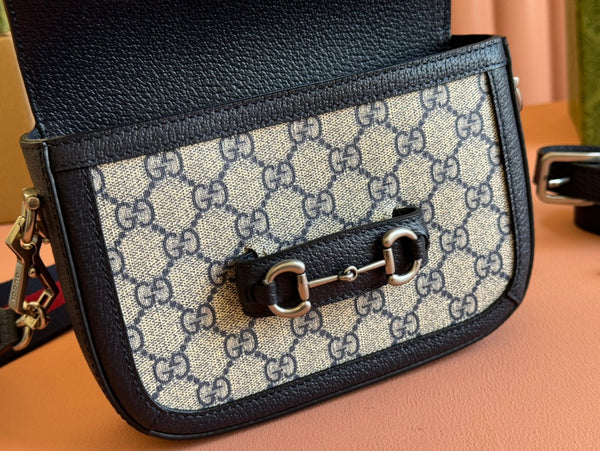 Borsa Gucci Horsebit in pelle nera blu ebano e tela 244258