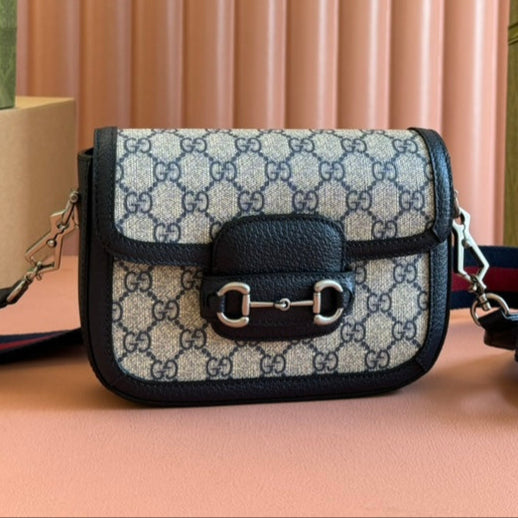 Borsa Gucci Horsebit in pelle nera blu ebano e tela 244258