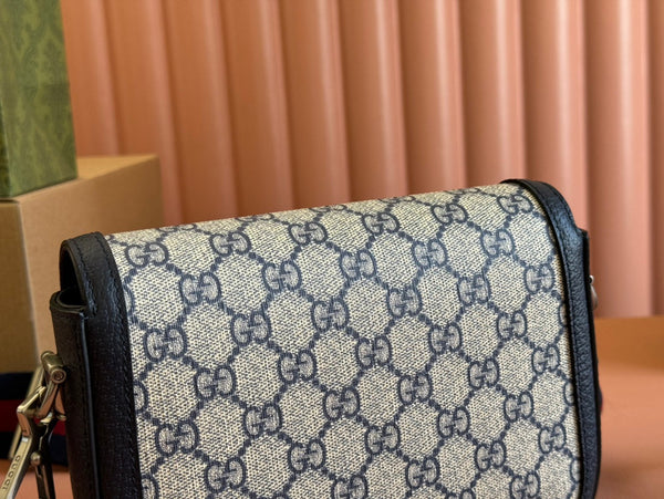 Borsa Gucci Horsebit in pelle nera blu ebano e tela 244258