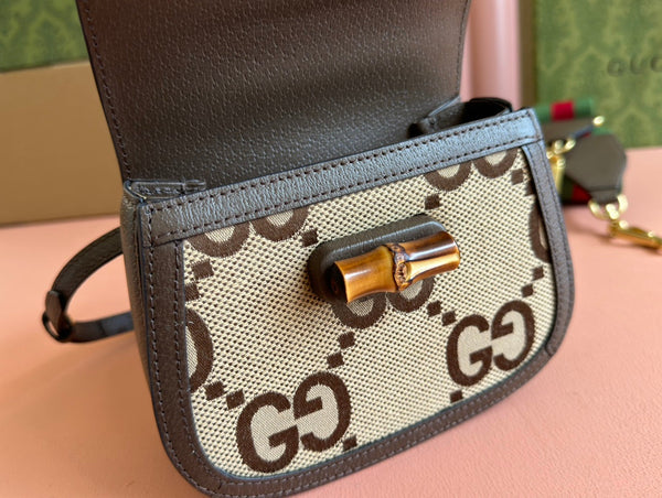 Gucci Bamboo Bag 17cm Brown mix Beige Canvas Leather 248506