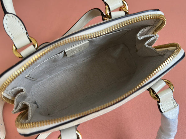 GG Horsebit 1955 Small Top Handle Bag Beige & White GG Monogram Fabric 272171