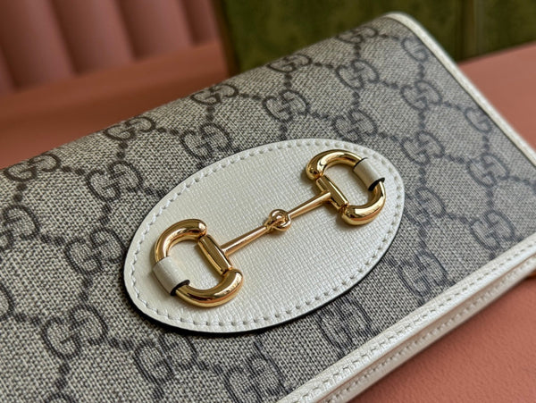 PORTAFOGLIO HORSEBIT 1955 IN TELA BEIGE EBANO MIX PELLE DI VITELLO BIANCA CATENA ORO