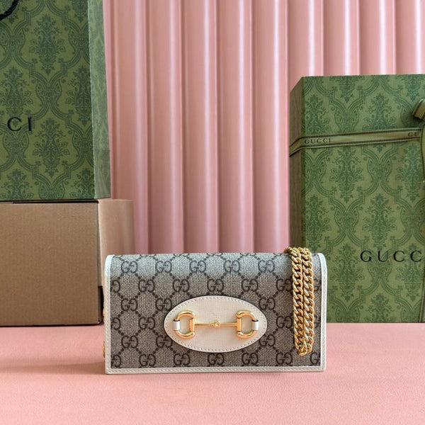 PORTAFOGLIO HORSEBIT 1955 IN TELA BEIGE EBANO MIX PELLE DI VITELLO BIANCA CATENA ORO