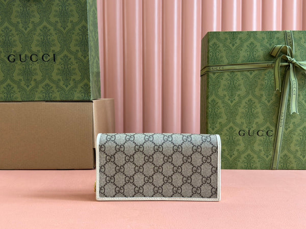 PORTAFOGLIO HORSEBIT 1955 IN TELA BEIGE EBANO MIX PELLE DI VITELLO BIANCA CATENA ORO