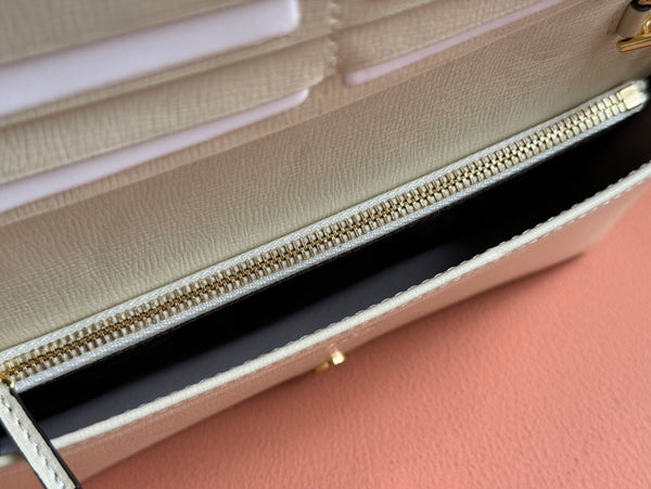 PORTAFOGLIO HORSEBIT 1955 IN TELA BEIGE EBANO MIX PELLE DI VITELLO BIANCA CATENA ORO