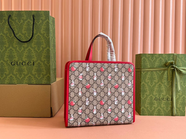 Gucci Bunny Print Tote Bag Red Beige Canvas 231228