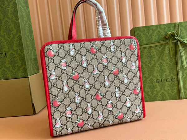 Gucci Bunny Print Tote Bag Red Beige Canvas 231228