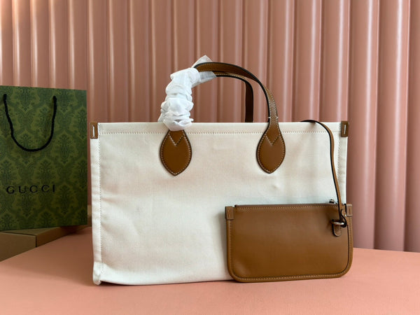 Gucci Medium Tote Bag Brown White Leather Canvas 248187