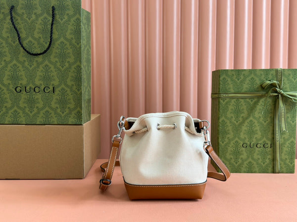 Gucci Bucket Bag Brown White Leather Canvas