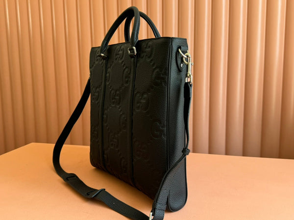 BORSA TOTE SUPER MEDIA 42 IN PELLE DI VITELLO GOFFRATA NERA CON FERRAMENTA ORO