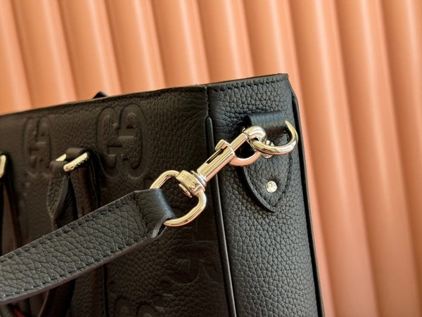 BORSA TOTE SUPER MEDIA 42 IN PELLE DI VITELLO GOFFRATA NERA CON FERRAMENTA ORO