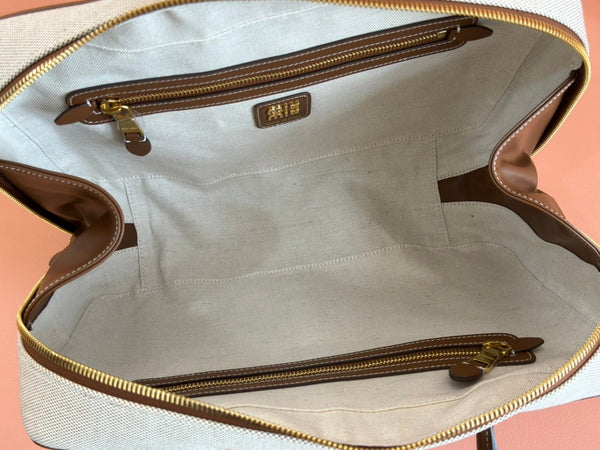 BORSA BEAU CON MANICO 34 IN TELA BIANCA E FINITURE IN PELLE DI VITELLO MARRONE NOCE