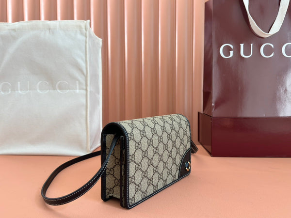 Gucci Emblem Mini Shoulder Bag Beige Blue Canvas Leather 244492