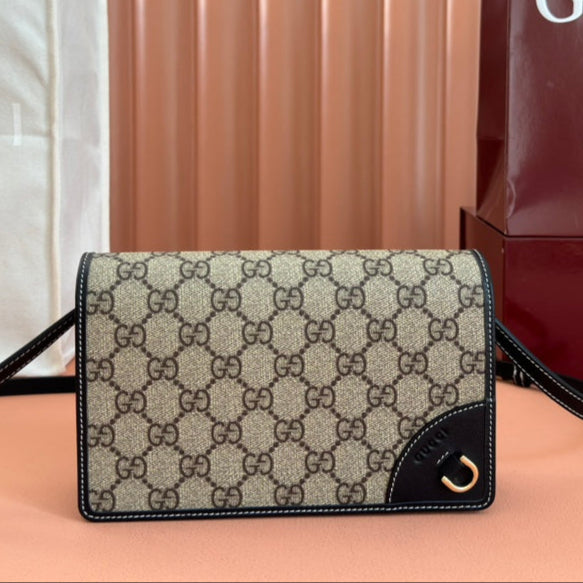 Gucci Emblem Mini Borsa a tracolla Beige Blu Tela Pelle 244492