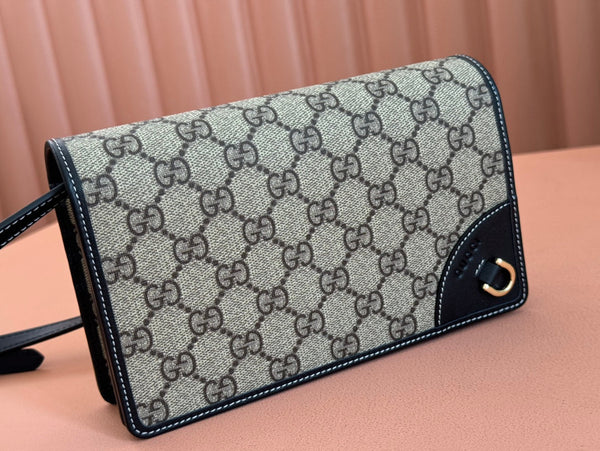 Gucci Emblem Mini Shoulder Bag Beige Blue Canvas Leather 244492