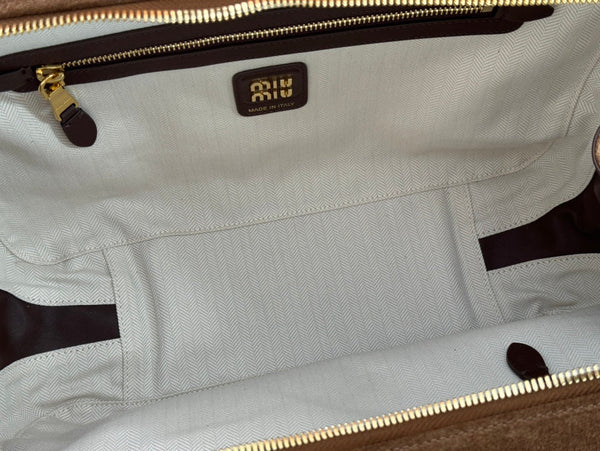 BEAU TOP HANDLE BAG 34 IN COFFEE BROWN SUEDE EMBOSSED LOGO