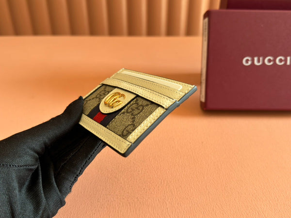 Portafoglio porta carte Gucci Ophidia in pelle di tela beige ebano 239964