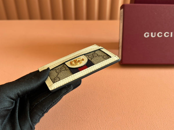 Portafoglio porta carte Gucci Ophidia in pelle di tela beige ebano 239964