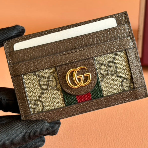 Portafoglio porta carte Gucci Ophidia in tela e pelle marrone ebano 239965
