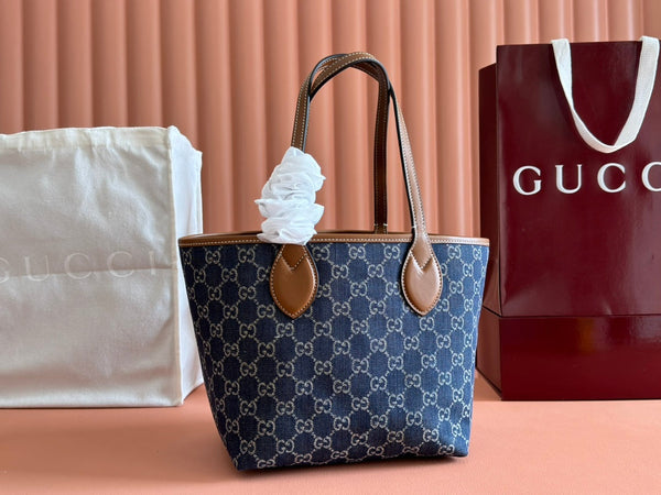 Gucci Totissima 22cm Tote Bag Blu mix Marrone Denim Pelle 248432